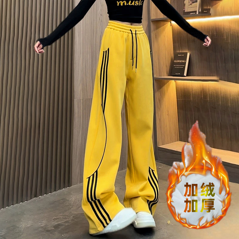 秋冬季加绒加厚美式撞色条纹卫裤女垂感休闲裤宽松直筒伞兵阔腿裤