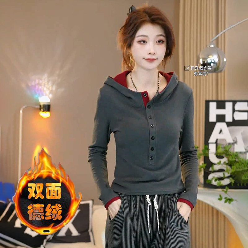 2024秋冬新款双面德绒撞色排扣连帽t恤时尚洋气减龄百搭长袖上衣
