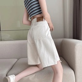 女夏季 薄款 高腰宽松显瘦直筒阔腿中裤 港味白色五分牛仔短裤 5分裤