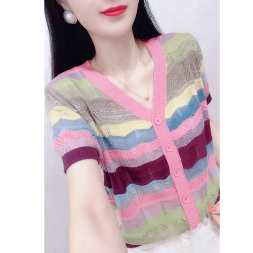 条纹针织衫t恤女2024夏季镂空V领