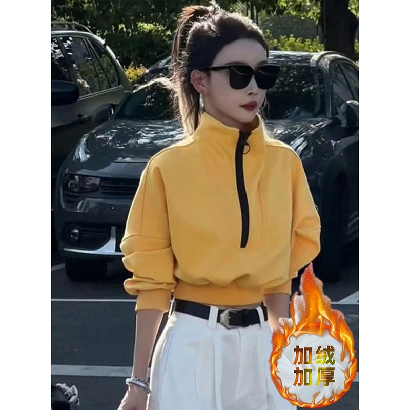 休闲时尚拉链立领长袖加绒卫衣女2024秋冬季新款气质通勤显瘦上衣