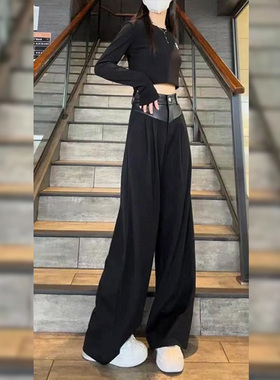 灰色西装裤女2024秋新款高腰宽松直筒休闲长裤显瘦垂感拼接阔腿裤