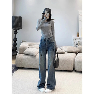 高级感烫钻钉珠牛仔裤女2025春季新款直筒窄版阔腿裤宽松显瘦长裤