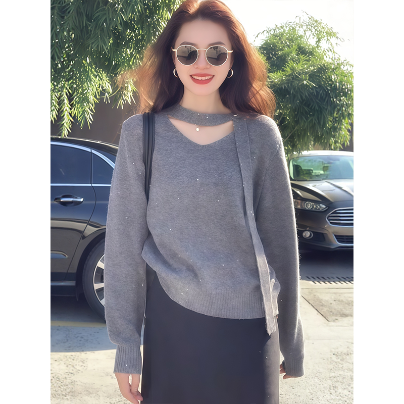 独特漂亮飘带V领针织衫毛衣女款2025新款爆款秋冬内搭打底衫上衣
