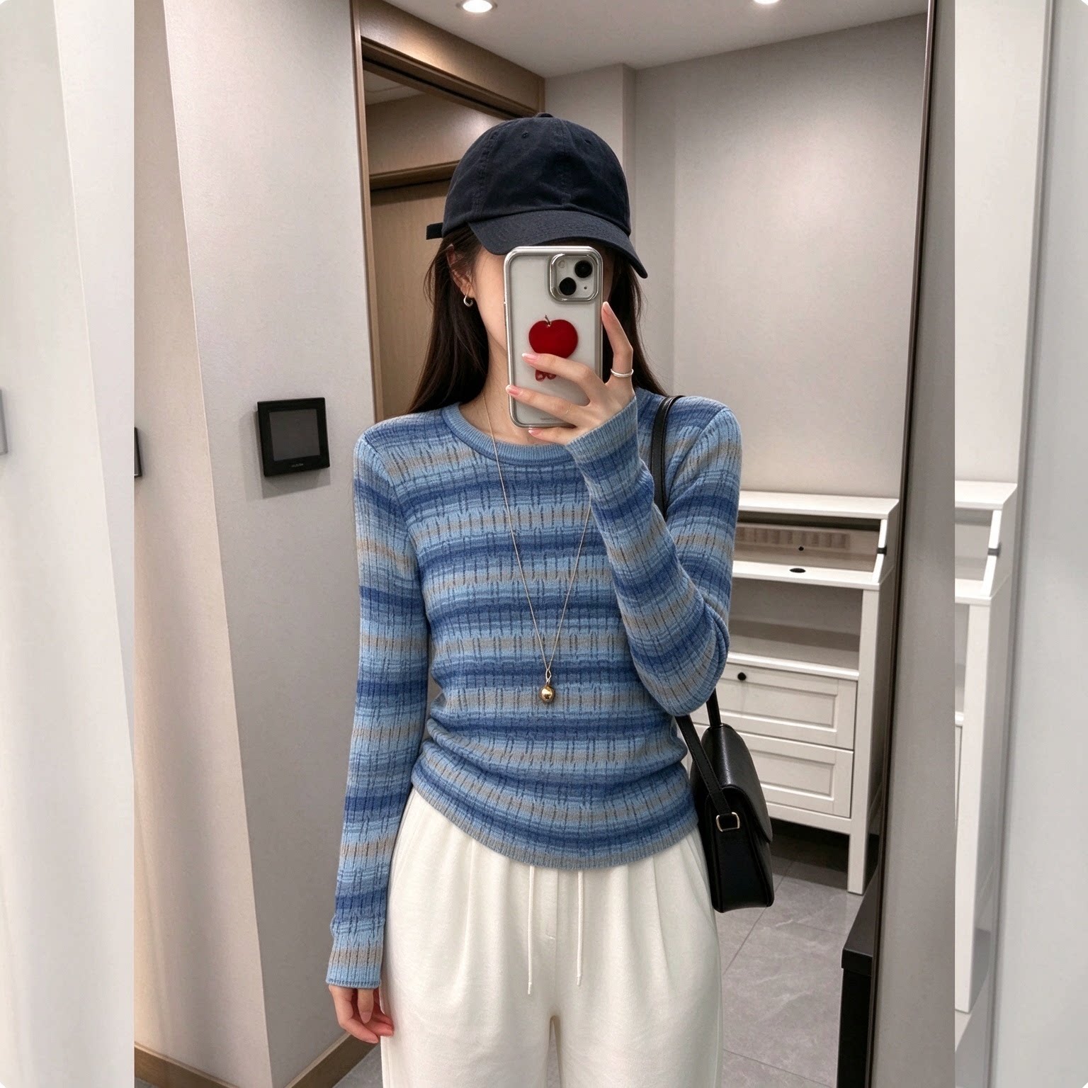 慵懒风内搭软糯长袖针织衫上衣女气质宽松显瘦撞色条纹毛衣打底衫