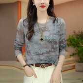 高端印花欧货长袖 秋冬新款 t恤 肌肤网纱上衣女高级感打底小衫 长袖