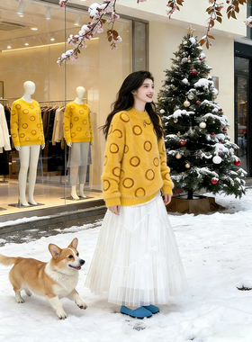 慵懒风黄色圆点毛衣女2026春季新款时尚甜美风宽松软糯圆领针织衫