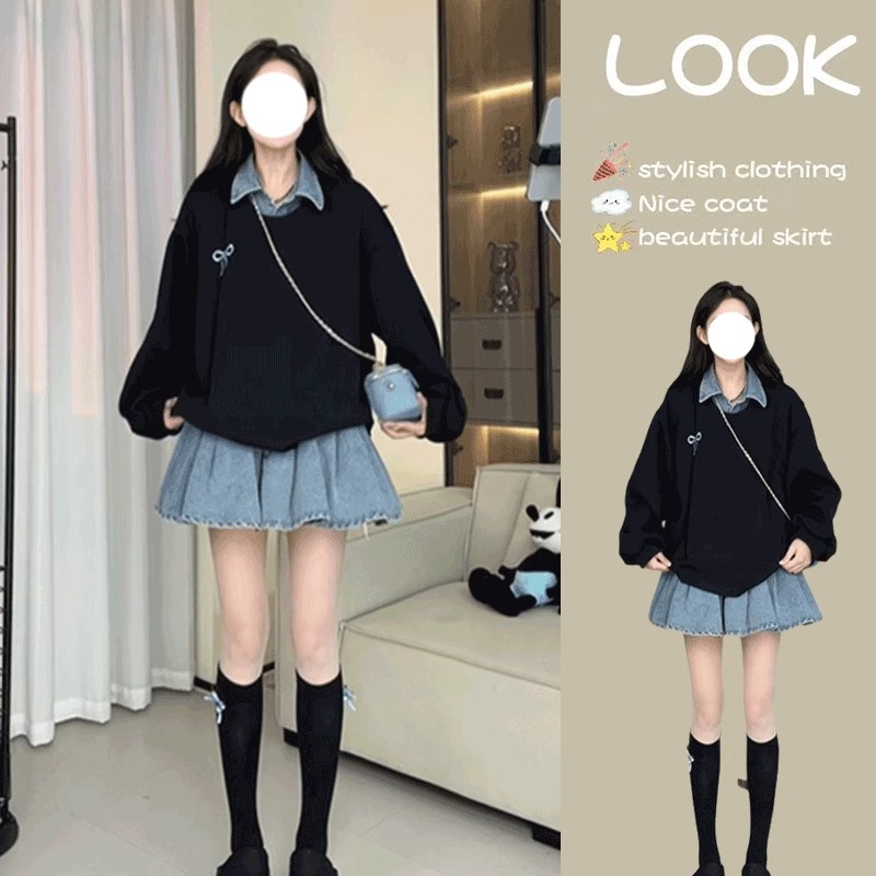 小众设计气质假两件牛仔卫衣连衣裙2025春季新款宽松休闲裙子女装