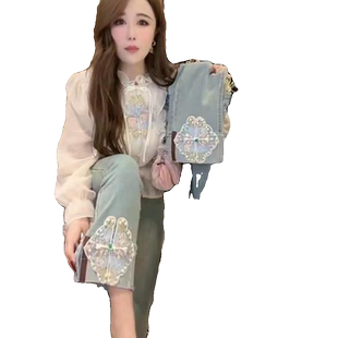 新中式国风牛仔烟管裤女2024春夏新款重工钉珠刺绣高腰直筒九分裤