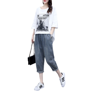2023新春季新款韩版T恤女装印花时尚宽松休闲牛仔裤洋气休闲套装