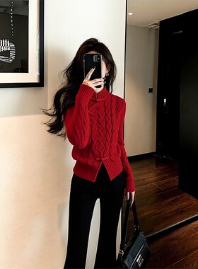 新中式红色立领麻花针织衫女2026春季新款时尚修身显瘦本命年毛衣