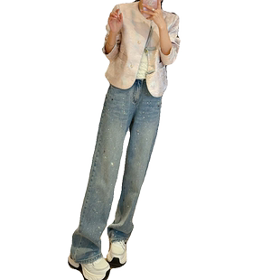 今年流行的爆款裤子女璀璨星河亮闪闪浅蓝色窄版阔腿牛仔裤直筒夏