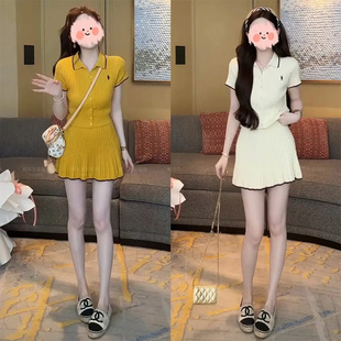 女2025夏季 时尚 多巴胺服装 新款 洋气POLO领针织短袖 上衣半身裙套装