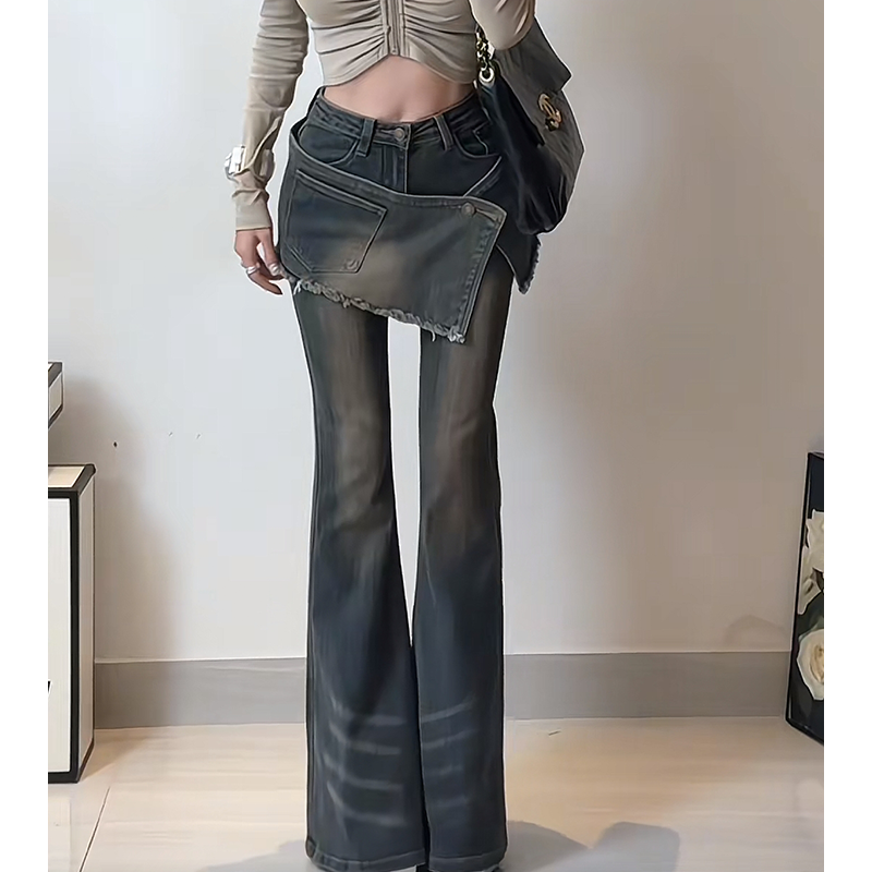 美式辣妹假两件微喇牛仔裤女2025秋季新款高腰弹力显瘦拖地马蹄裤