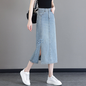 新中式 开叉盘扣高腰显瘦中长裙 国风半身裙女刺绣牛仔裙2025年新款