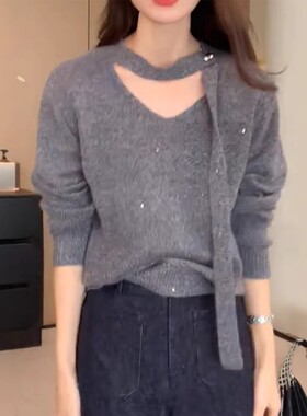 法式V领飘带气质针织衫2026春季新款软糯灰色松弛感百搭显瘦上衣