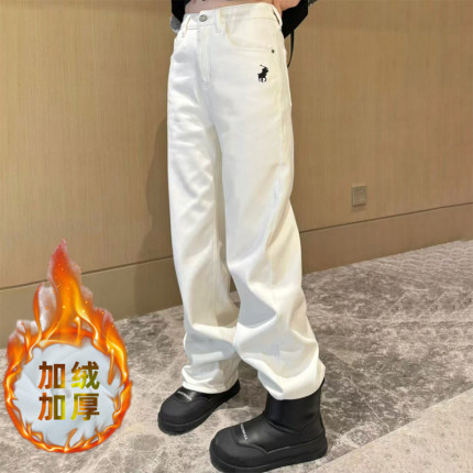 加绒加厚小马刺绣窄版高腰直筒牛仔裤女2024秋冬季新款显瘦阔腿裤