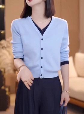 蓝色假两件长袖针织衫女秋冬毛衣开衫2025年新款韩系减龄气质上衣