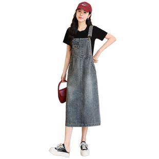 复古洗水牛仔背带裙女中长款2024夏季新款显瘦开叉过膝吊带连衣裙
