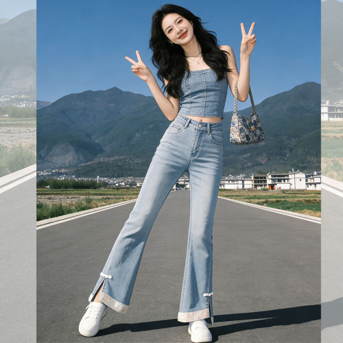国风盘扣高腰设计感微喇牛仔裤女