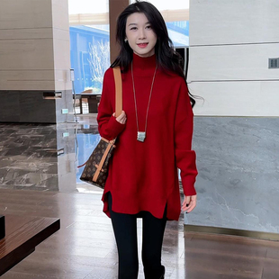 红色设计感开叉下摆开衫高领毛衣女2025春季新款高级感中长款上衣