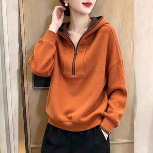 南瓜色半拉链撞色长袖卫衣女2026秋季新款宽松小个子时尚休闲上衣