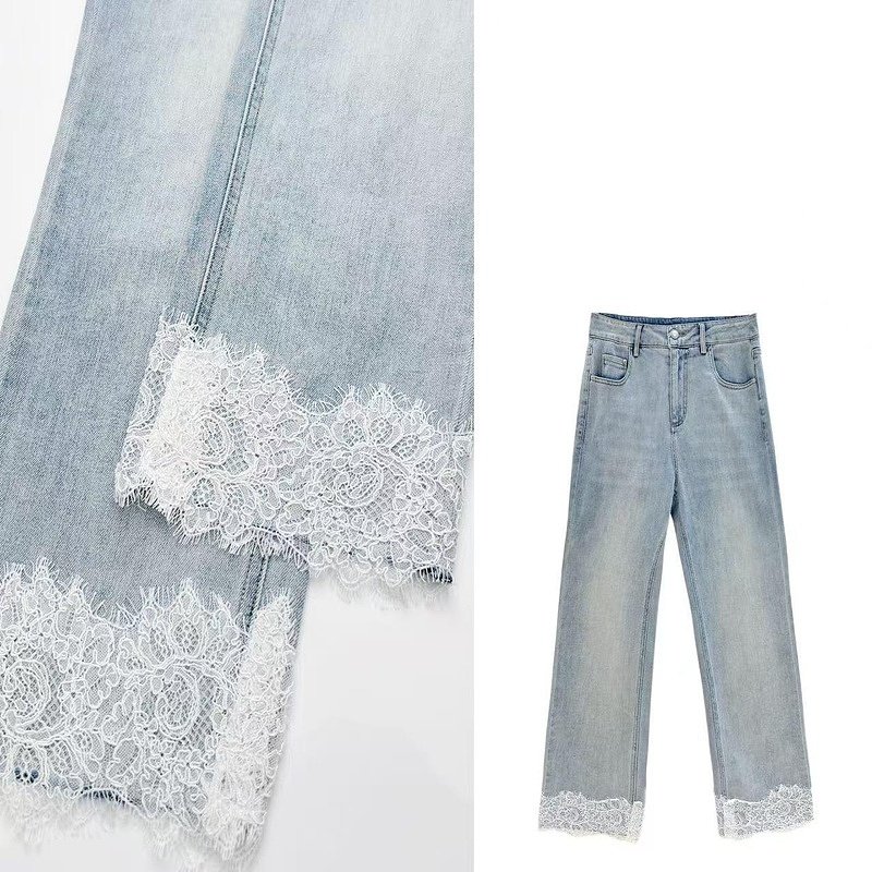 2025春季新款时尚显瘦蕾丝拼接烟管九分牛仔裤女高腰百搭直筒裤子