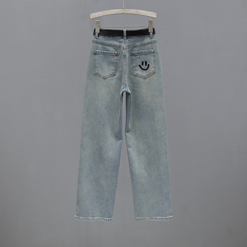 口袋笑脸刺绣蓝色牛仔裤女2024春夏季新款高腰宽松显瘦百搭直筒裤