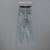 高腰宽松显瘦百搭直筒裤 新款 女2024春夏季 口袋笑脸刺绣蓝色牛仔裤