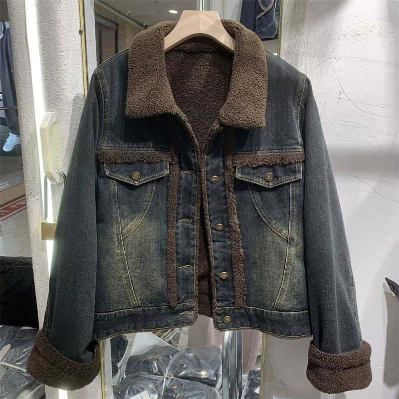 欧货加绒牛仔外套女2024秋冬季新款港风短款上衣毛毛内里派克服潮