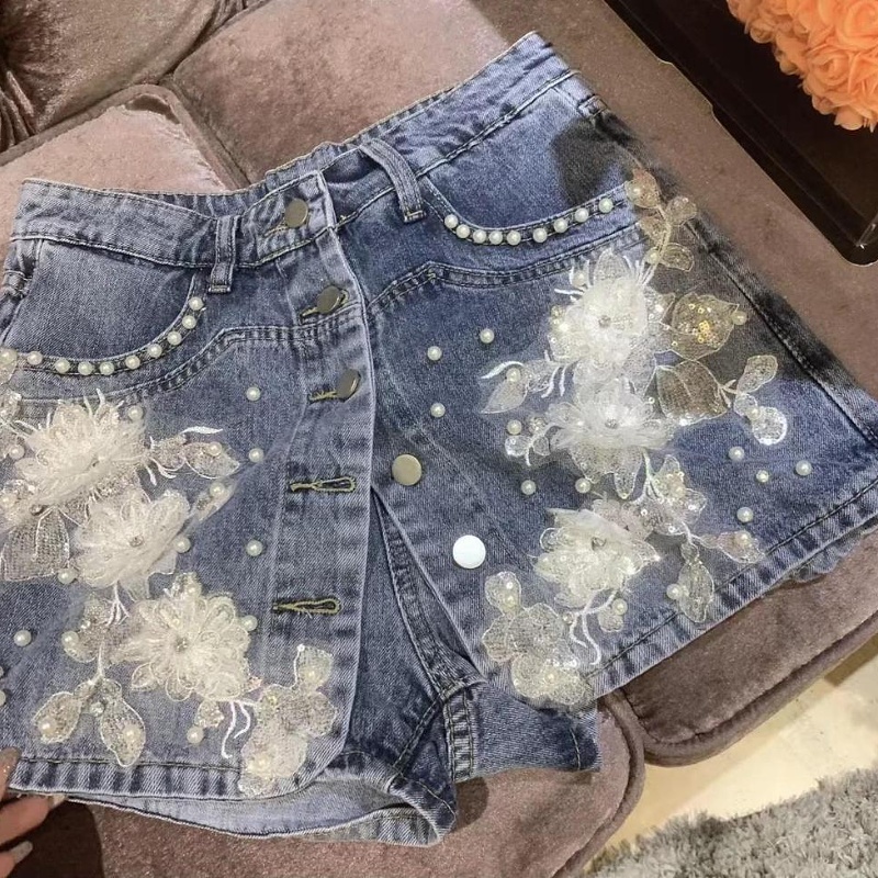 设计感重工钉珠牛仔短裤女装2023春夏季新款高腰显瘦立体花朵热裤