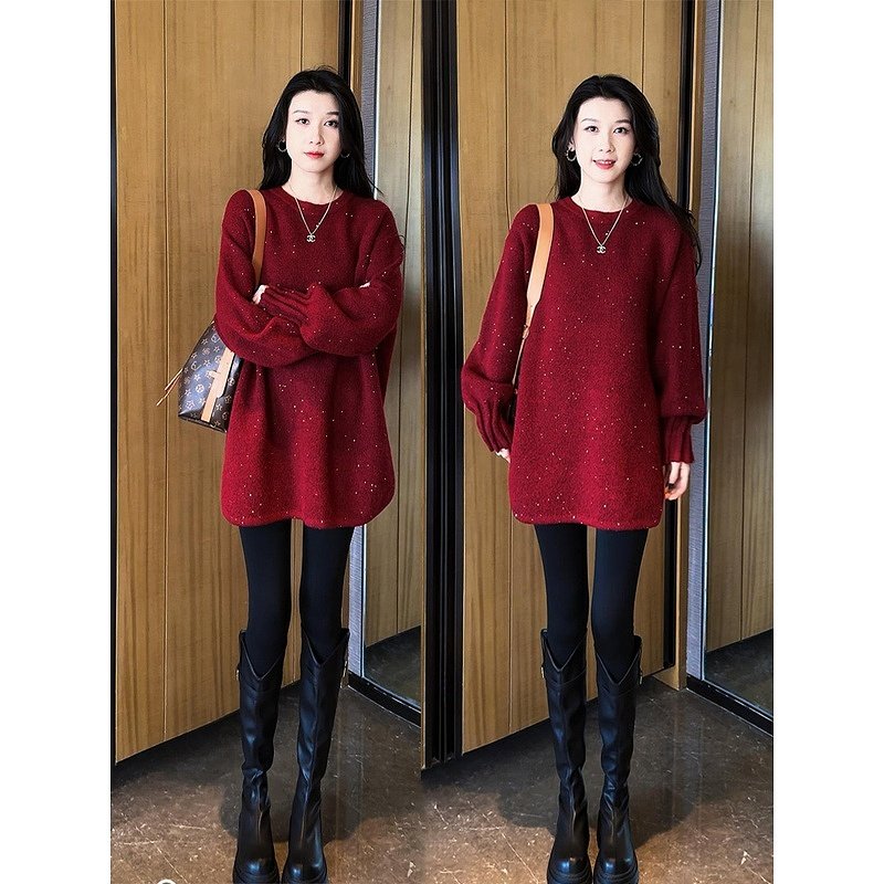 2024冬季新款慵懒风宽松亮片毛衣女大码胖MM显瘦遮屁股针织衫上衣