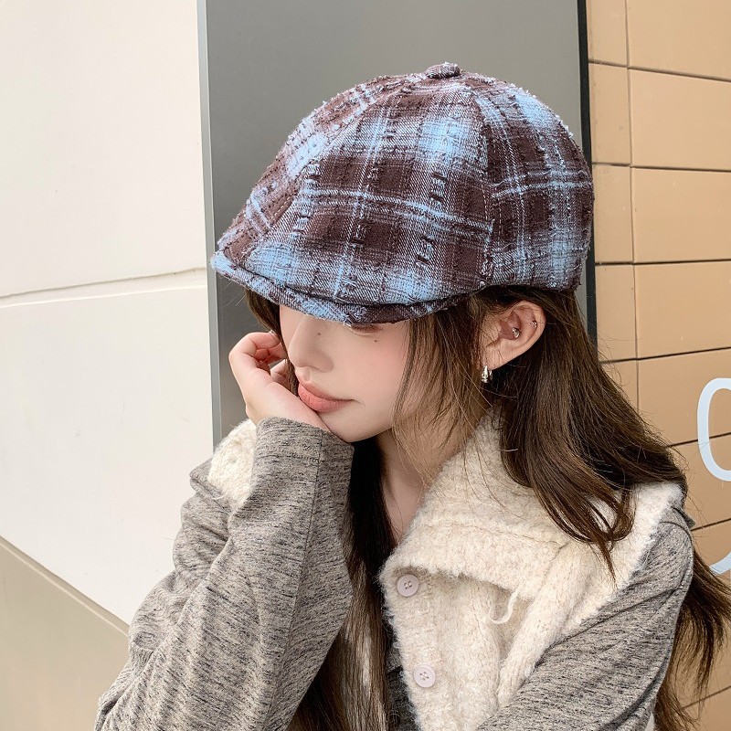 网红格纹显脸小贝雷帽女春秋