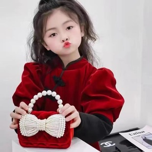宝宝拜年包包儿童新年包红色洋气斜跨小包女孩公主珍珠手提包时尚