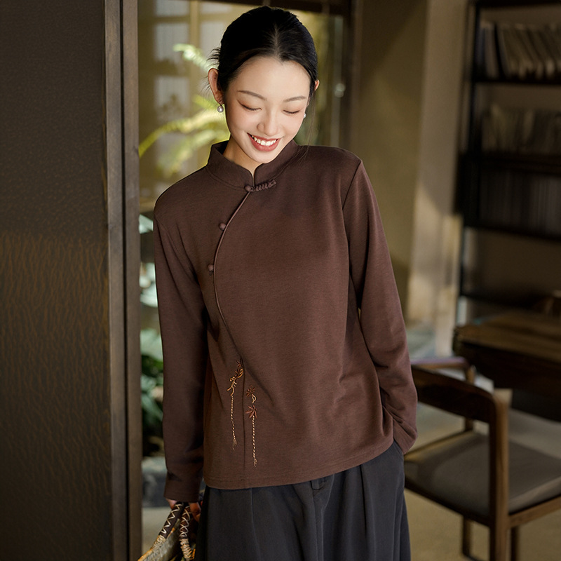 新中式复古刺绣可外穿德绒打底衫