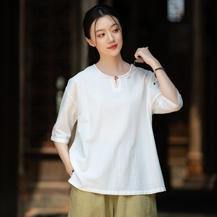 上衣复古盘扣手工缝线圆领套头文艺禅意T恤女 新中式 夏季 棉麻短袖