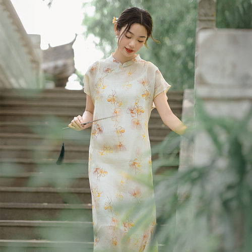夏季苎麻印花改良式中式风旗袍裙