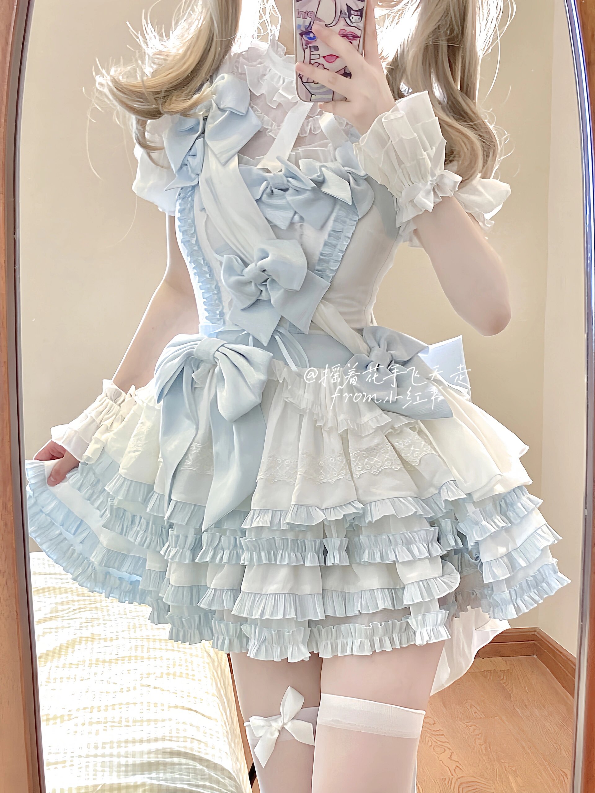 蓝白甜美打歌服lolita裙套装可爱洛丽塔蝴蝶结花边公主裙