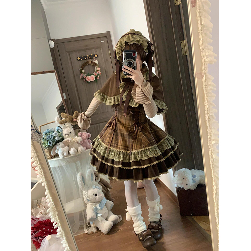 【焦糖布丁】可爱少女感甜美Lolita裙蝴蝶结斗篷连衣裙套装洛丽塔