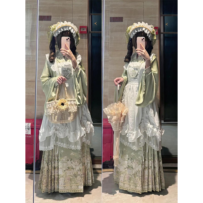 绿色汉洋折甜美汉服女明制交领上衣马面裙洛丽塔lolita裙花瓣罩裙