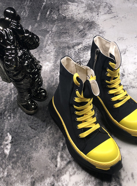 【CD.HOMME】21SS暗黑先锋RO复线高帮缎面黑黄双层厚底增高情侣鞋