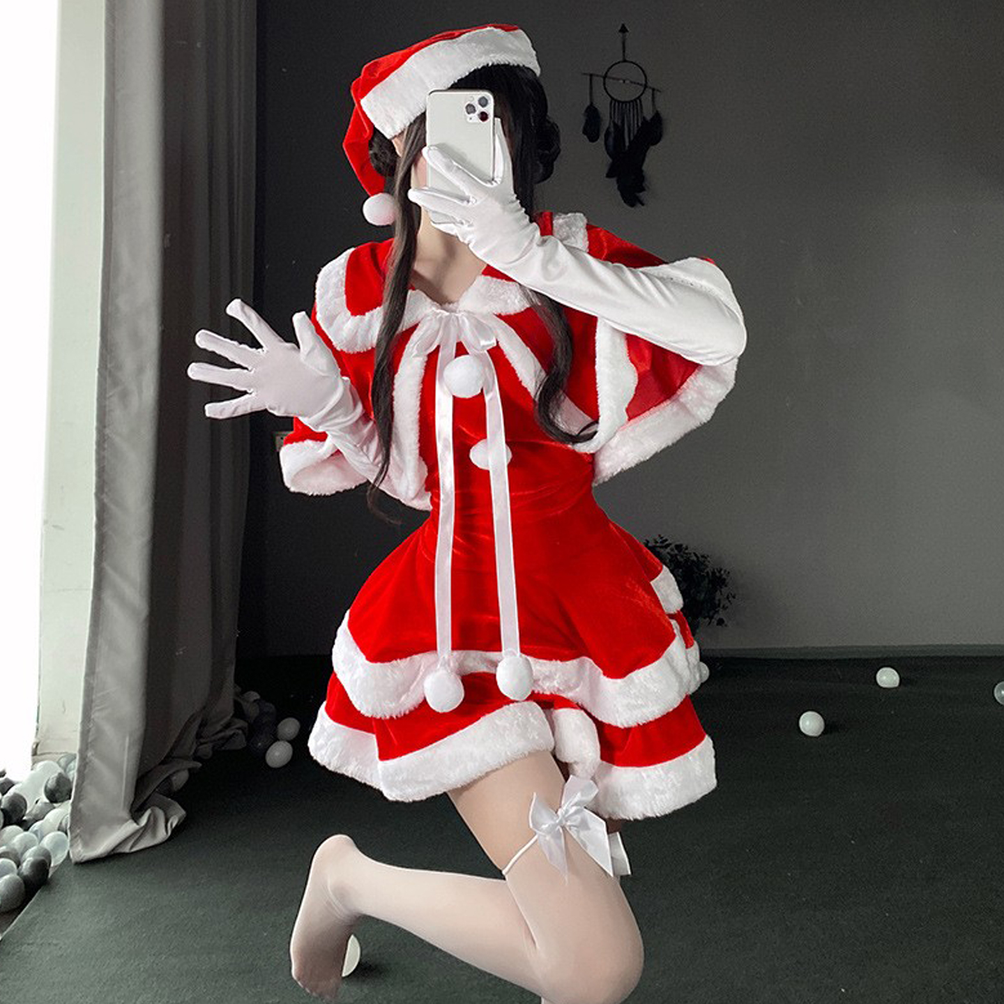 圣诞节服装抹胸连衣裙披肩套装