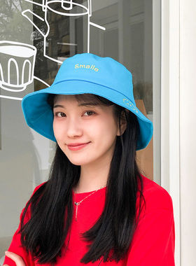 Smalle渔夫帽女日系防晒遮阳帽子女夏天韩版潮百搭网红笑脸太阳帽