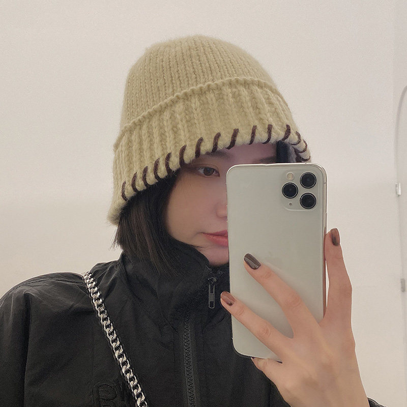 超洋气韩国手工钩针毛线水桶帽子女秋冬复古百搭保暖穿线渔夫帽潮