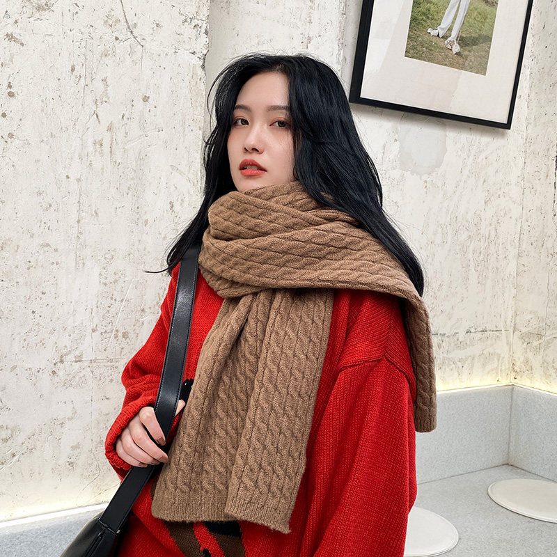韩国纯色毛线麻花针织韩版围巾女秋冬软妹百搭保暖长款围脖学生潮