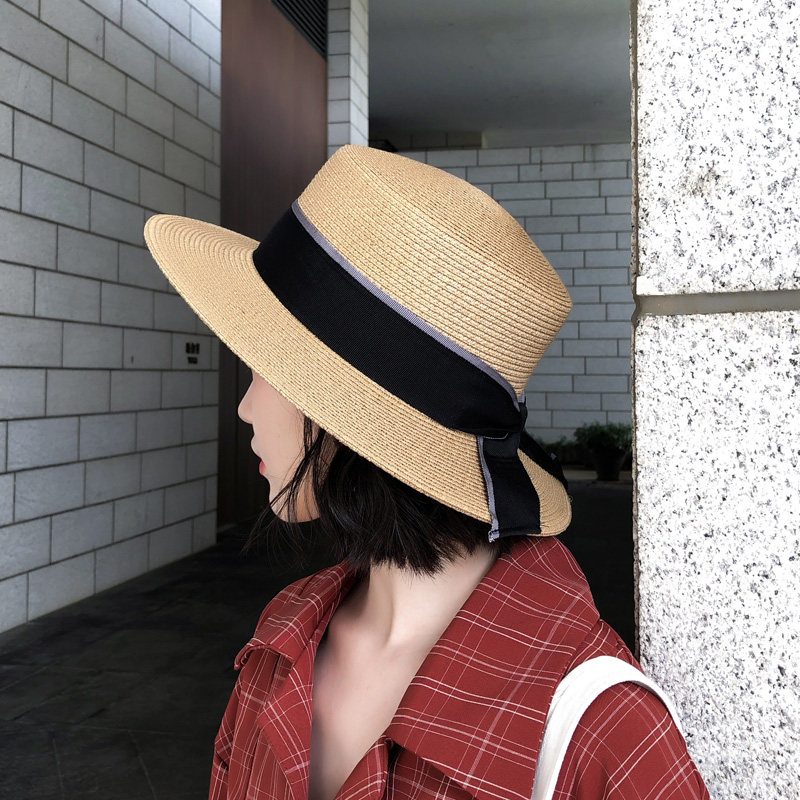 韩国平顶休闲沙滩草帽女春夏季遮阳礼帽爵士宽檐出游百搭太阳帽子