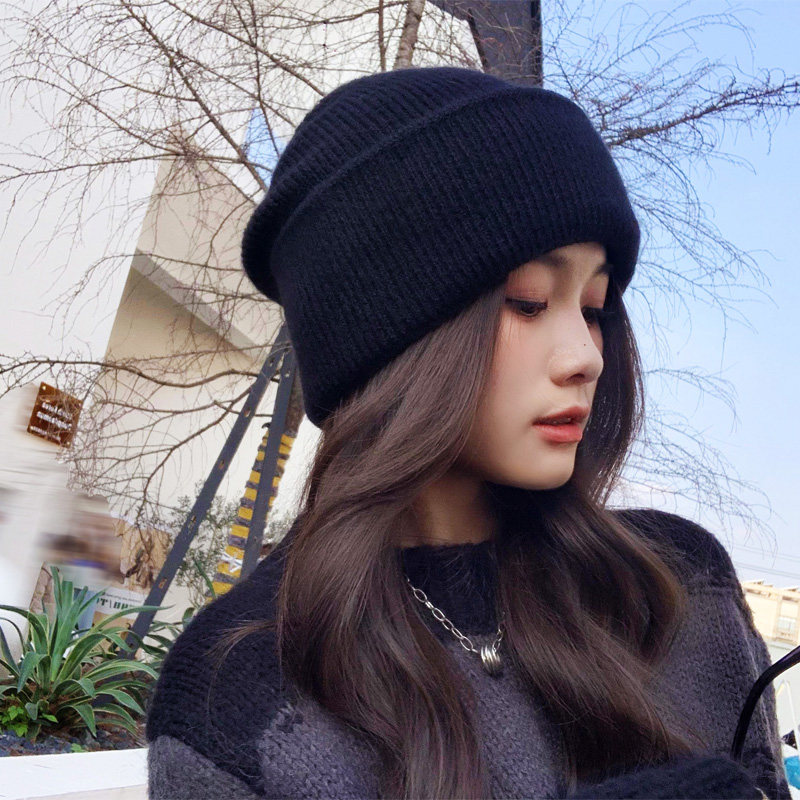 帽子女秋冬毛线帽潮韩版保暖护耳冷帽套头帽纯色百搭显脸小针织帽