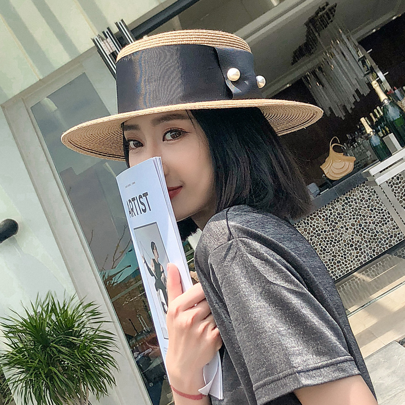 黑色复古礼帽女休闲草帽韩版百搭宽檐遮阳帽子女夏天防晒帽沙滩帽