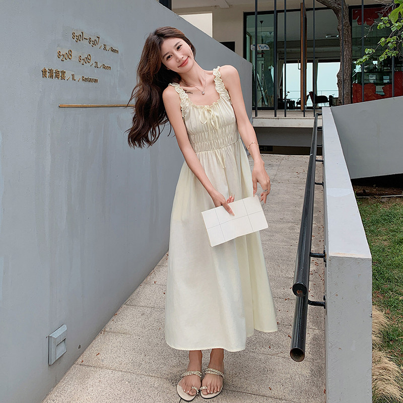 现货2025夏款少女系列一字肩性感收腰棉麻连衣裙图片