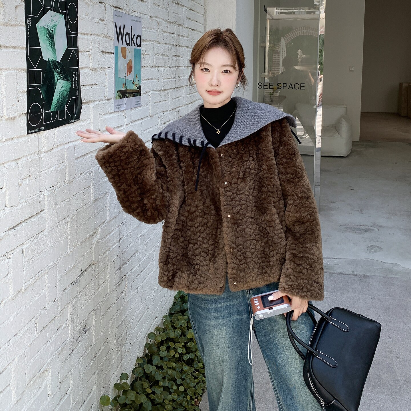 韩版针织海军领皮毛一体宽松外套女2025秋冬新款毛绒加厚保暖上衣,女装短外套,慧峰